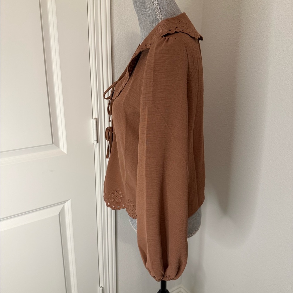 Adrianna Papell Brown Eyelet Blouse | S - Picture 3 of 13